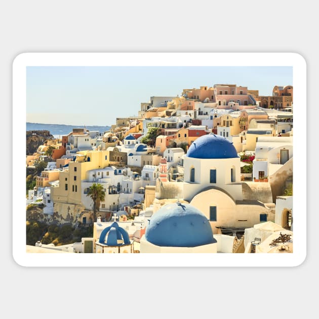 Santorini Blue Domed Churches Sticker by GrahamPrentice